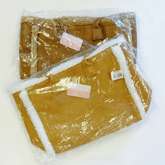 NWT - Ellison + Young - Sherpa Faux Fur Trim Suede Tote Bag - Caramel/White - Picture 3 of 3